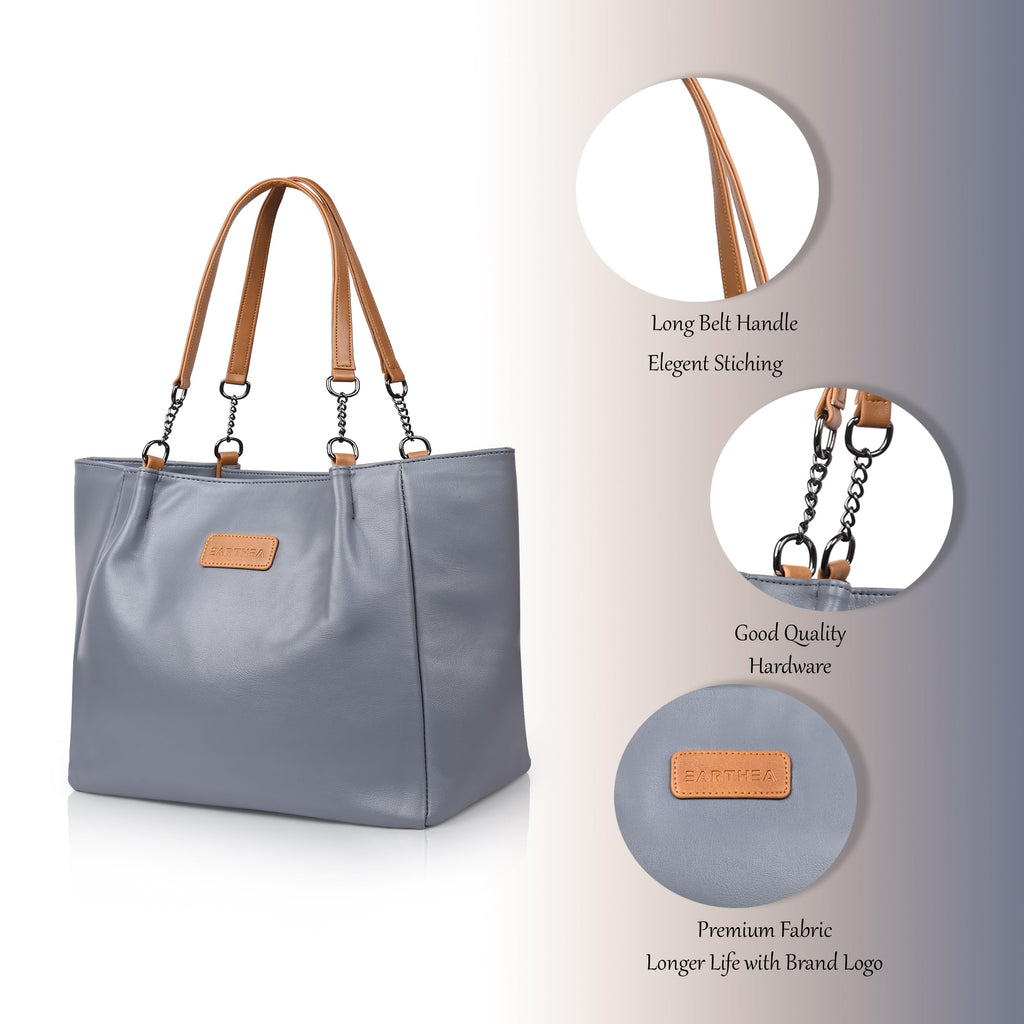 EARTHEA Women’s Faux Leather Tote Bag for Women | Stylish Shoulder Handbag with Zipper Closure & Spacious Compartments | Office Tote Bag for Women, Laptop & Daily Use | Large Navy Tan Ladies Handbag