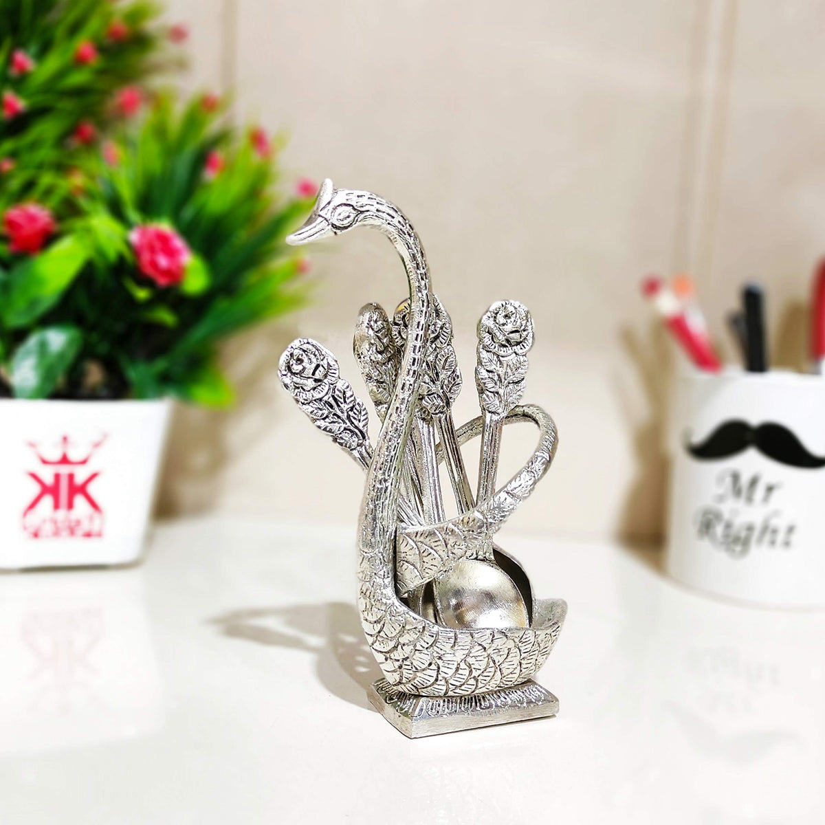 Kridaykraft Metal Swan (Duck) Silver Spoon Stand for Dining Table/6 Pc Spoon Set with Stand/Decorative Spoon Rest Showpiece Item for Dining Table...