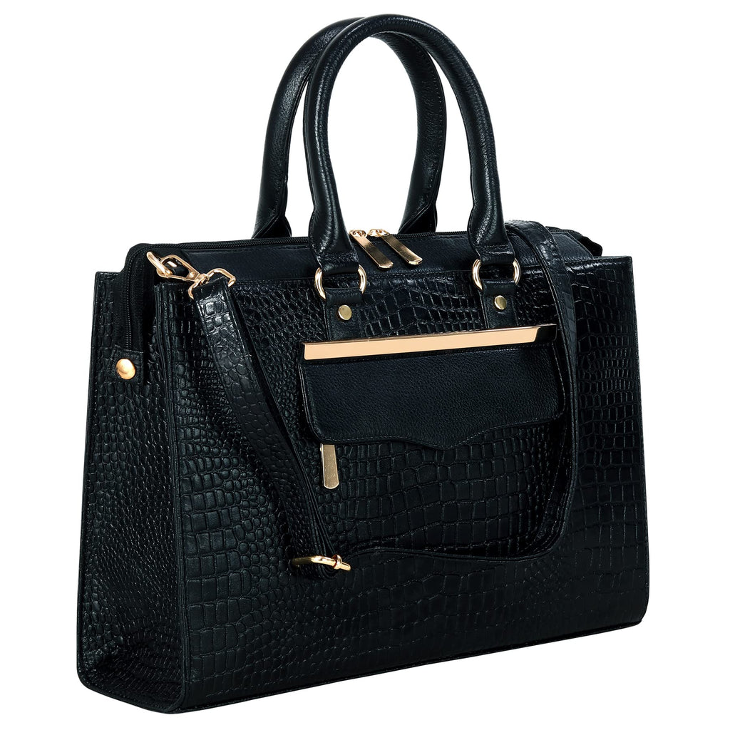 HYATT Leather Accessories Full-Grain Cro Leather Top-Handle satchels Tote Handbags & Shoulder Sling Bags For Women Office Branded Size- L-13.5 X H-10.5 x W- 4.6 Inch (BLACK)