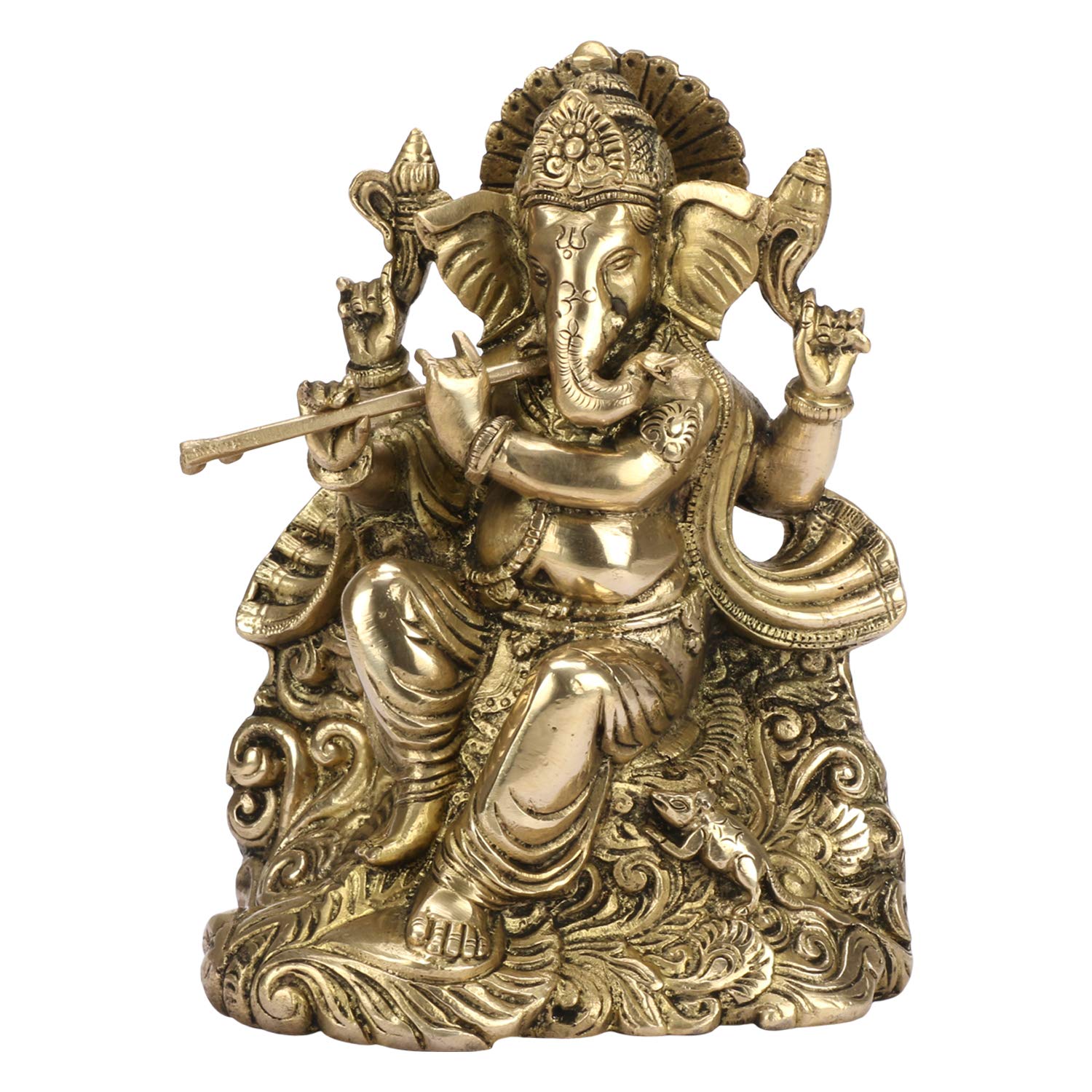 SVARUP Brass Ganesha Ido Playing Flute for Home Decoration Ganpati Statue Murti for Gift Height 8 Inch Weight 2.8 Kg Color Gold