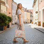 MITTICO Quilted Cotton Tote Bag – Handmade Large Travel Shoulder Bag with Zipper & Pockets – Lightweight, Durable & Stylish for Daily Use (Beige Floral)