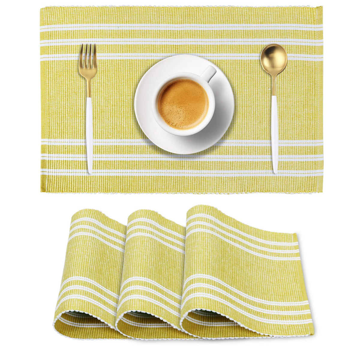 HOKIPO Ribbed Cotton Table Mats for Dining Table (Yellow) 4 Piece- IN70-YLW Kafalo