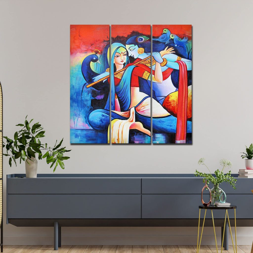 VIBECRAFTS 3 Pieces Radha Krishna Playing Flute Canvas Wall Painting Fitted With Wooden Frame For Home | Office | Living Room | Gifts (PTVC3Pcs1_9543)