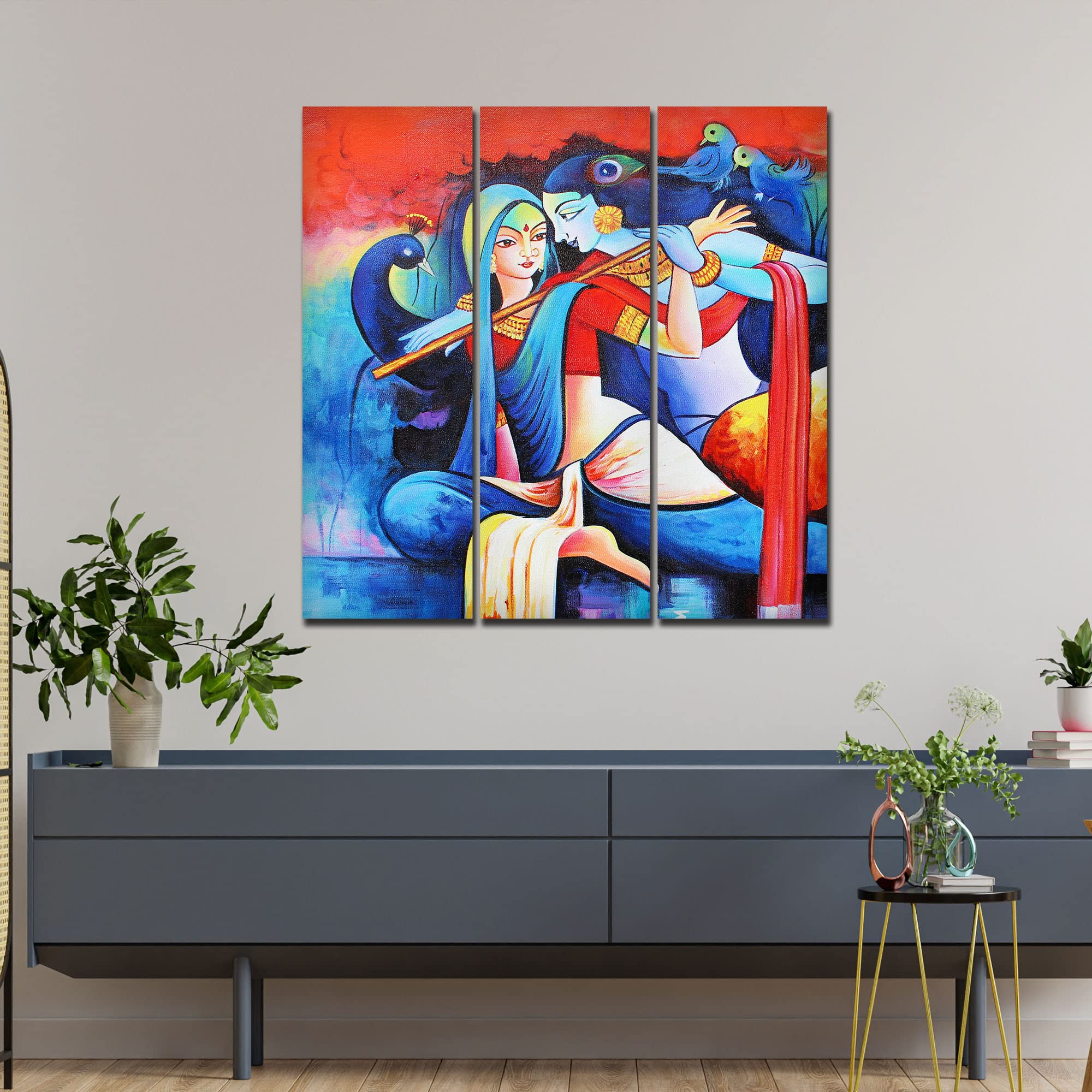VIBECRAFTS 3 Pieces Radha Krishna Playing Flute Canvas Wall Painting Fitted With Wooden Frame For Home | Office | Living Room | Gifts (PTVC3Pcs1_9543)