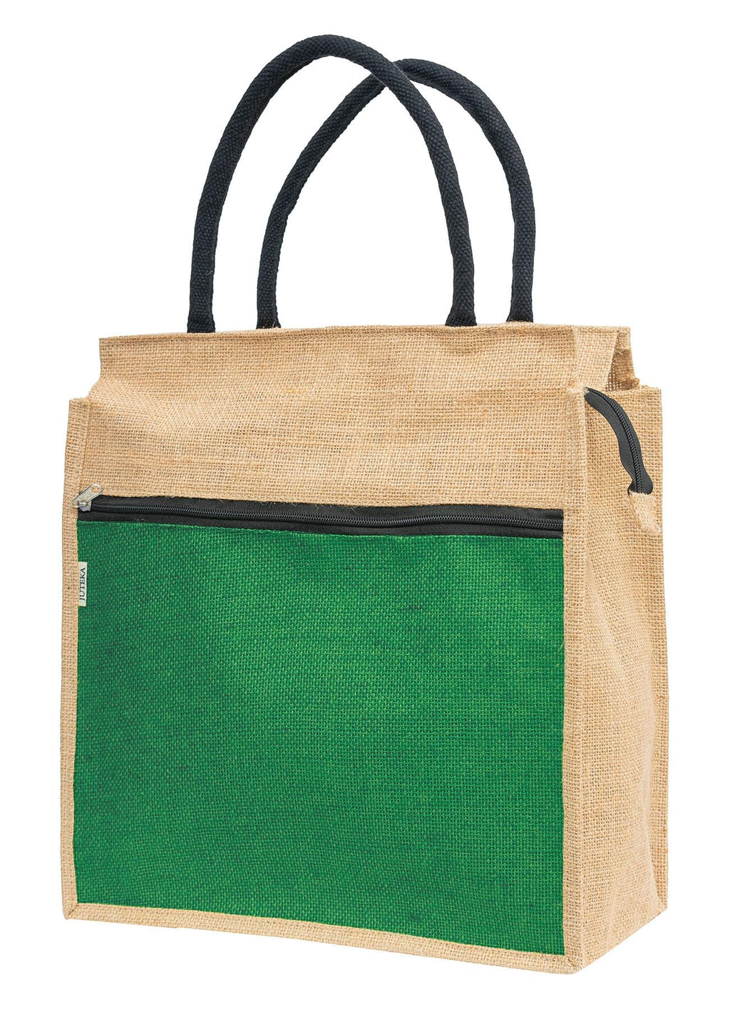 JUTEKA Front Zip Pocket Jute Bag for Lunch, Office, Grocery, Picnic, Tiffin, Shopping Hand Bag with padded cotton handles