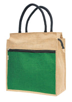 JUTEKA Front Zip Pocket Jute Bag for Lunch, Office, Grocery, Picnic, Tiffin, Shopping Hand Bag with padded cotton handles