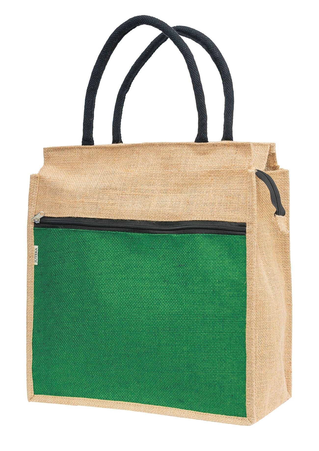 JUTEKA Front Zip Pocket Jute Bag for Lunch, Office, Grocery, Picnic, Tiffin, Shopping Hand Bag with padded cotton handles
