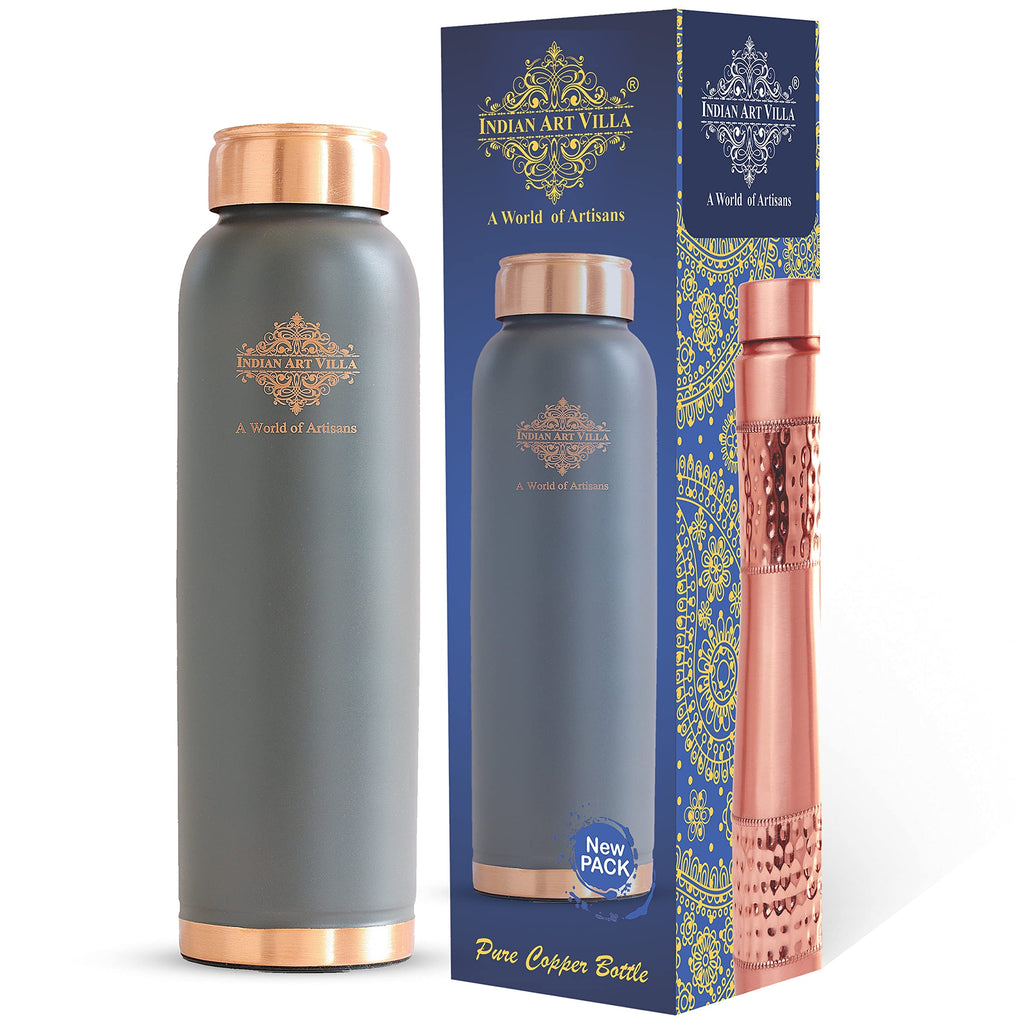INDIAN ART VILLA Copper Water Bottle Lacquer Coated Silk Finish Leak Proof Ergonomic Design Bottle in Gray Color, 900 ML - Pack of 1