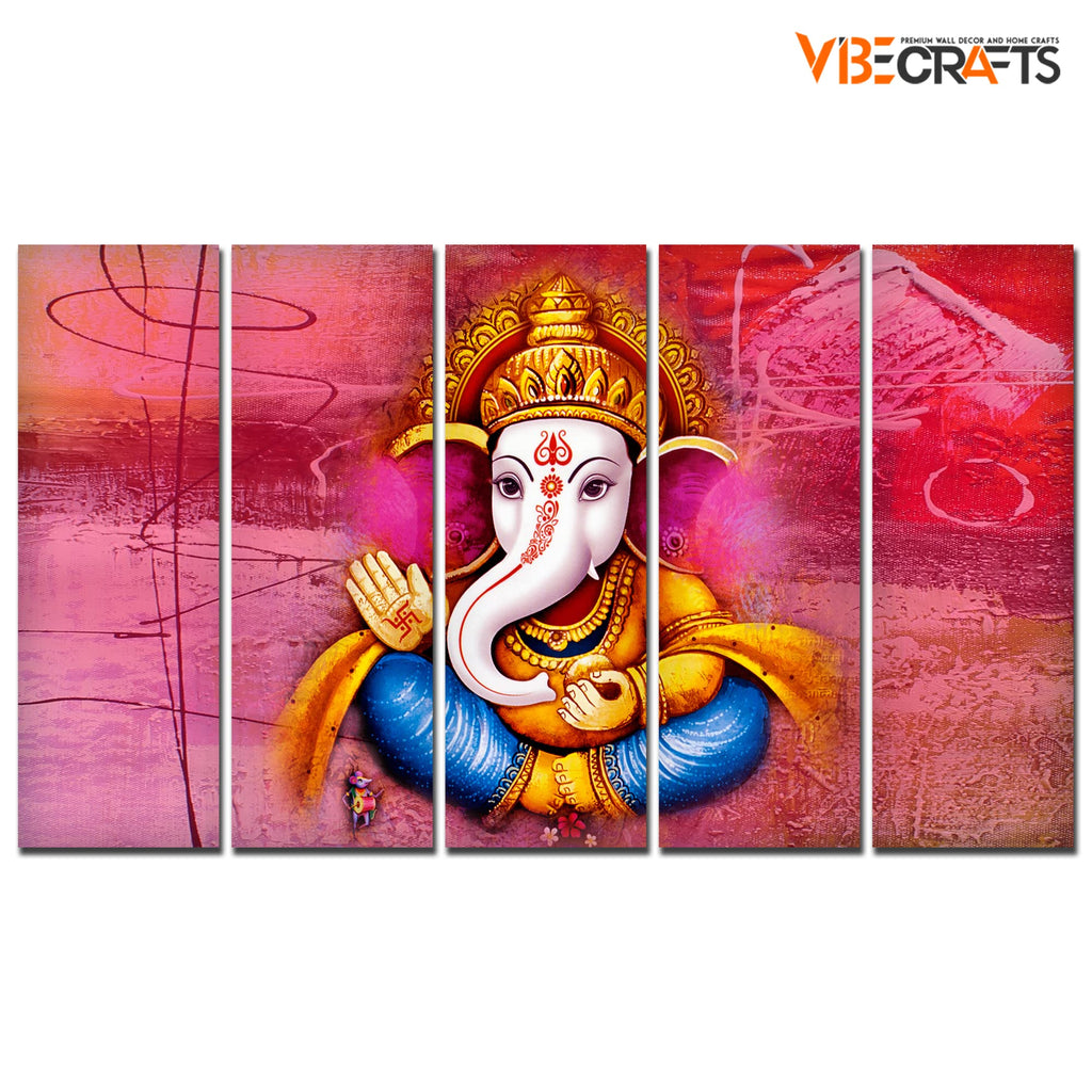 VIBECRAFTS Beautiful Shree Ganesh 5 Pieces Canvas Wall Painting For Home | Office | Living Room | Gift (PTVC5Pcs4_8530)