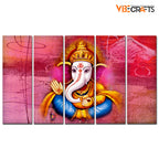 VIBECRAFTS Beautiful Shree Ganesh 5 Pieces Canvas Wall Painting For Home | Office | Living Room | Gift (PTVC5Pcs4_8530)