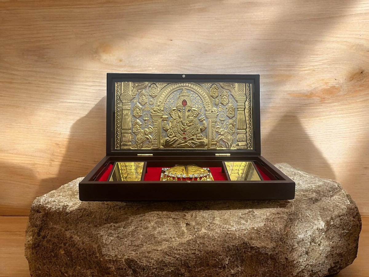 CharmInSilver 24k Gold Plated & 999 Pure Silver Coated | Lord Ganesh Charan Paduka Pooja Box | Packet Temple | Suitable Gift for Diwali,Occassions,Wealth,Prosperity and Vastu Benefits
