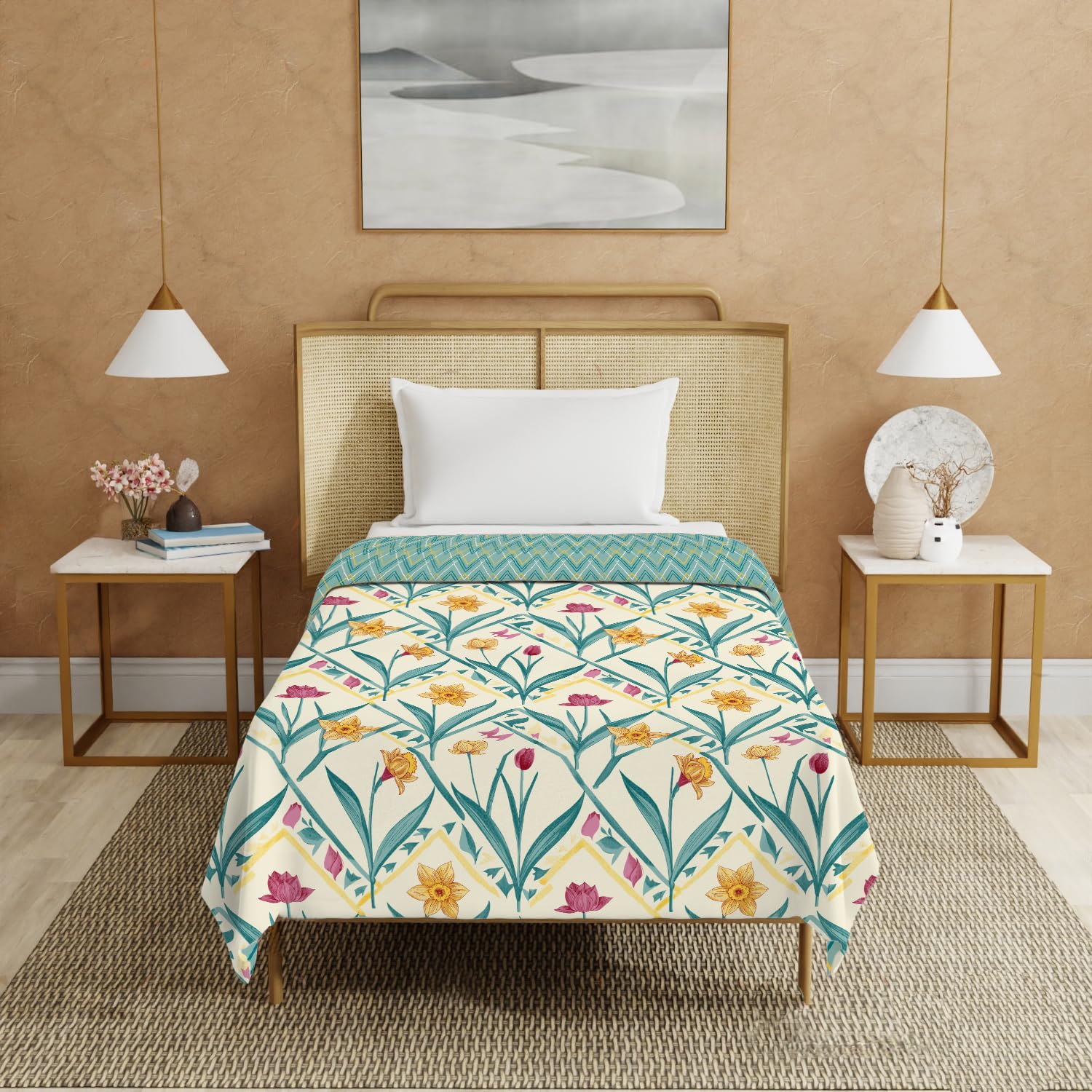 Urban Space 100% Cotton Malmal Single Bed Dohar,All Season Reversible Blanket,Soft,Lightweight And Breathable AC Dohar/Quilt/Blanket/For Bed,Sofa AC Blanket(58x95 Inch,Spring Torquoise),Multicolor Kafalo