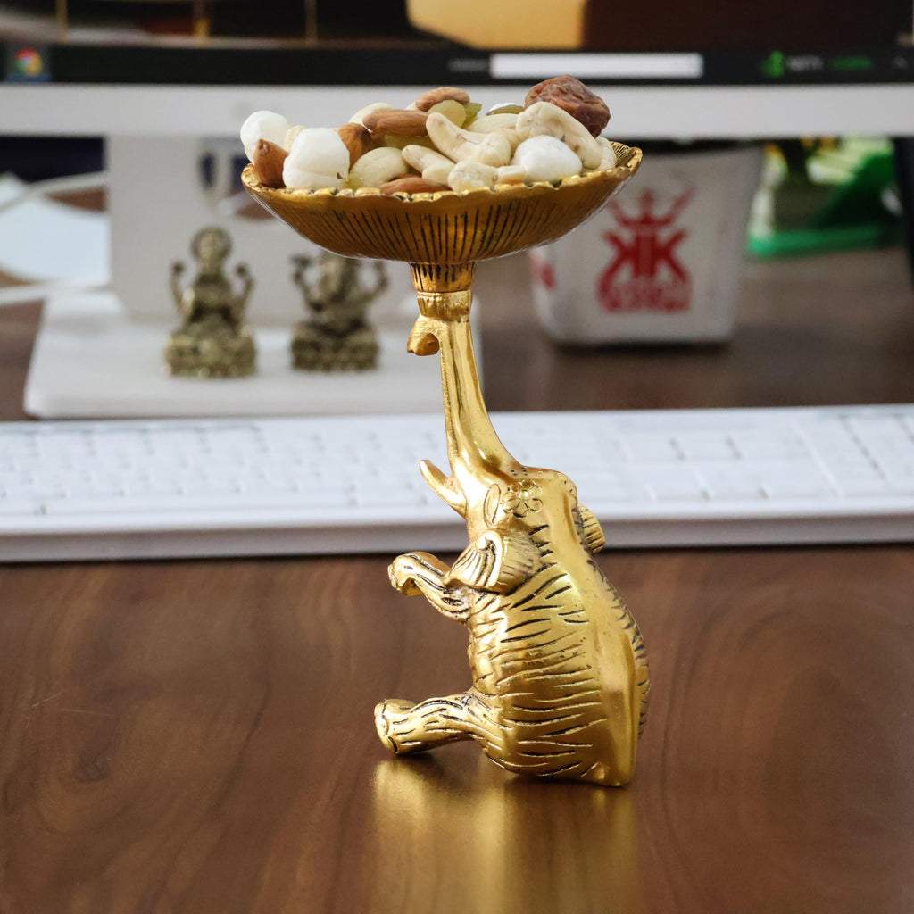 KridayKraft Metal Baby Elephant Trunkup Showpiece Dry Fruit Bowl Showpiece Silver Polish for Your Home,Office Table Decorative,Elephant Showpiece Bowl for Gift,Animal Figurines