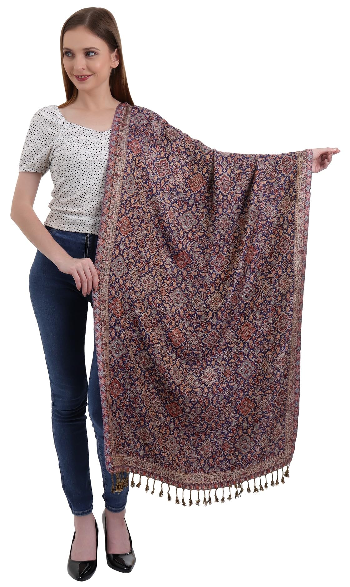 EH Reversible Jamawar Multicolor Viscose Silk, Floral & Paisley Super Soft Pashmina Stoles/Scarf (Floral Royal Blue), For Female