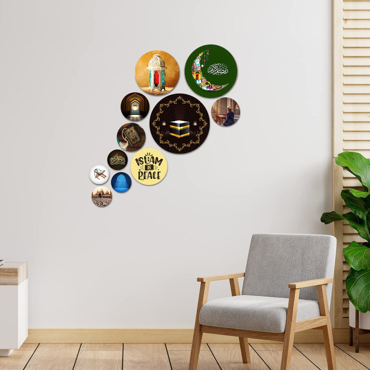 Artvibes Ramadan Special Islamic Round Shape MDF Wooden Wall Decor Items | Living Room | Office | Wall Art Painting For Hall | Graphic Artwork | Wall Art Print | Gift Items (WPS_107NN), Set of 11