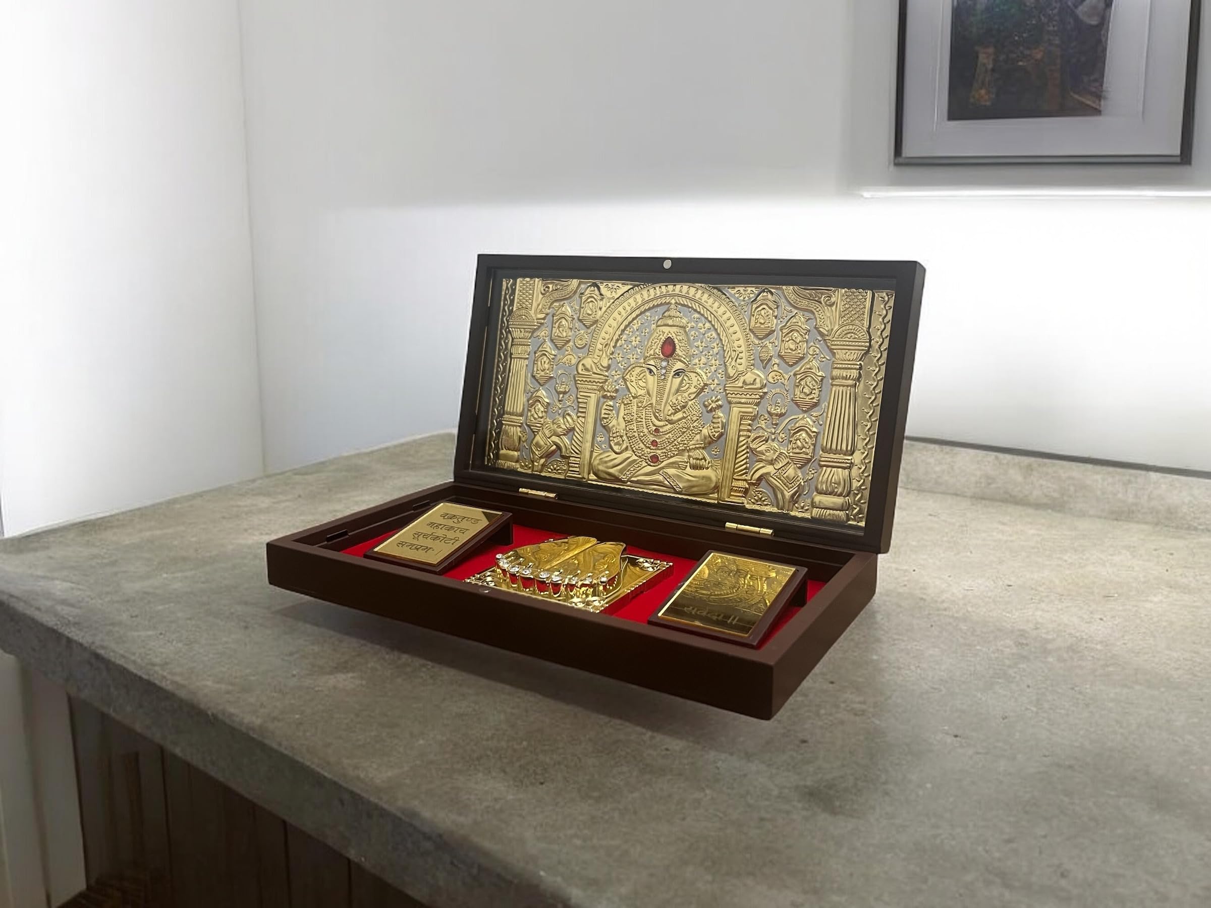 CharmInSilver 24k Gold Plated & 999 Pure Silver Coated | Lord Ganesh Charan Paduka Pooja Box | Packet Temple | Suitable Gift for Diwali,Occassions,Wealth,Prosperity and Vastu Benefits