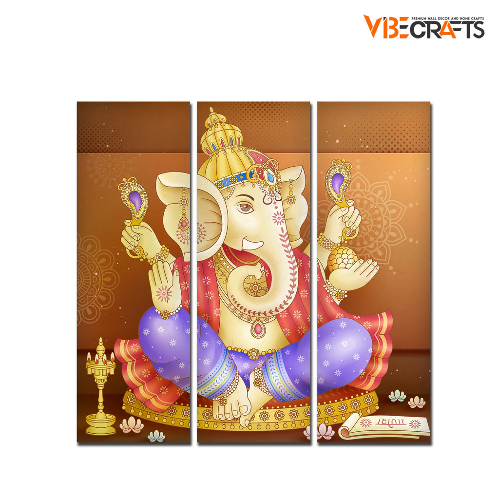 VIBECRAFTS 3 Pieces Beautiful Ganesha Canvas Wall Painting Fitted With Wooden Frame For Home | Office | Living Room | Gifts (PTVC3Pcs1_9565)