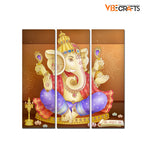 VIBECRAFTS 3 Pieces Beautiful Ganesha Canvas Wall Painting Fitted With Wooden Frame For Home | Office | Living Room | Gifts (PTVC3Pcs1_9565)