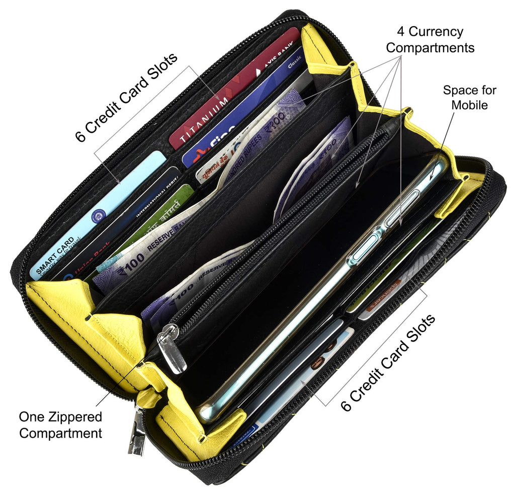 URBAN FOREST Nancy Black Quilted Leather Handbag & Black/Yellow Quilted Leather Wallet Combo Gift Set for Women
