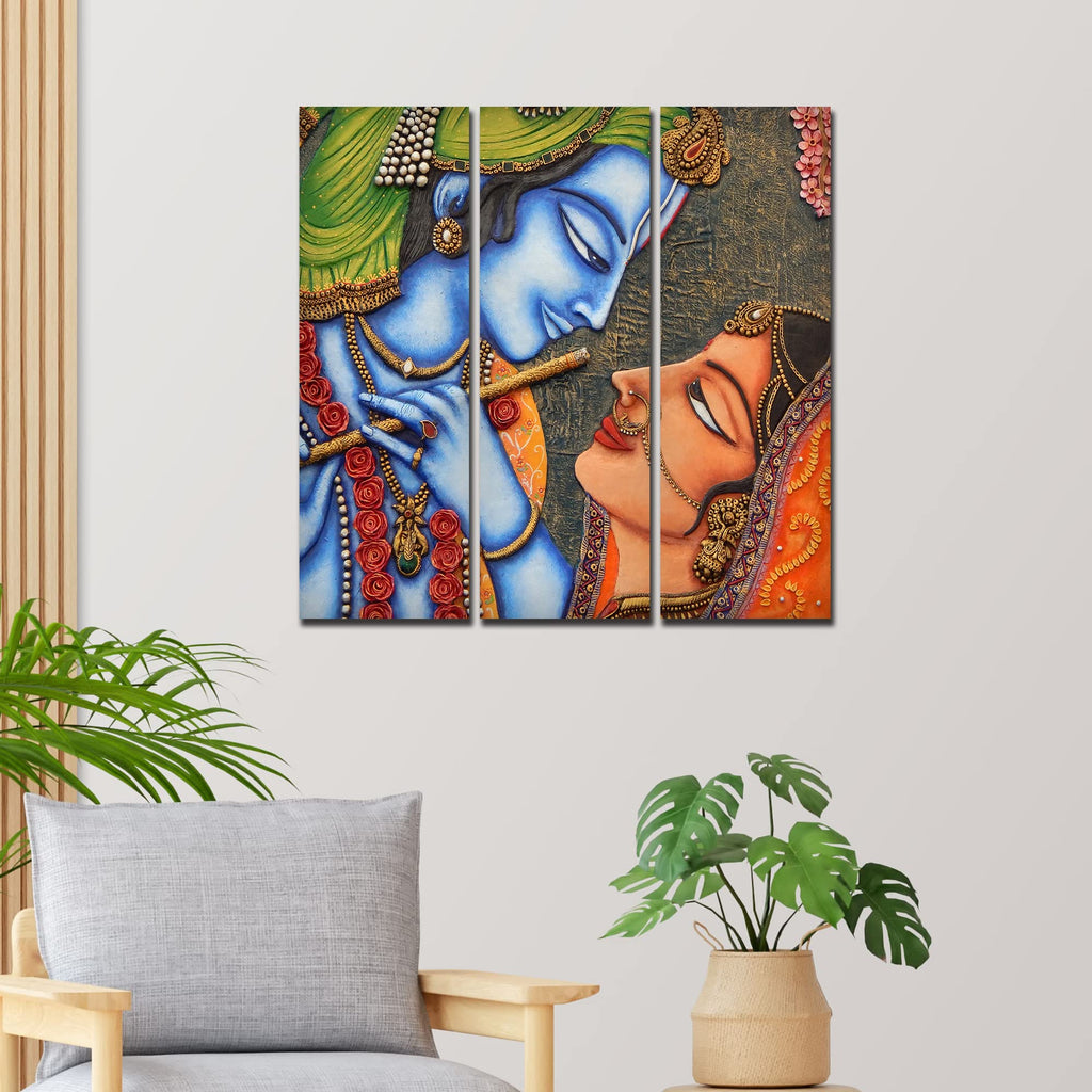 VIBECRAFTS Beautiful Radha Krishna 3 Pieces Canvas Wall Painting Fitted With Wooden Frame For Home | Office | Living Room | Gifts (PTVC3Pcs1_9549)