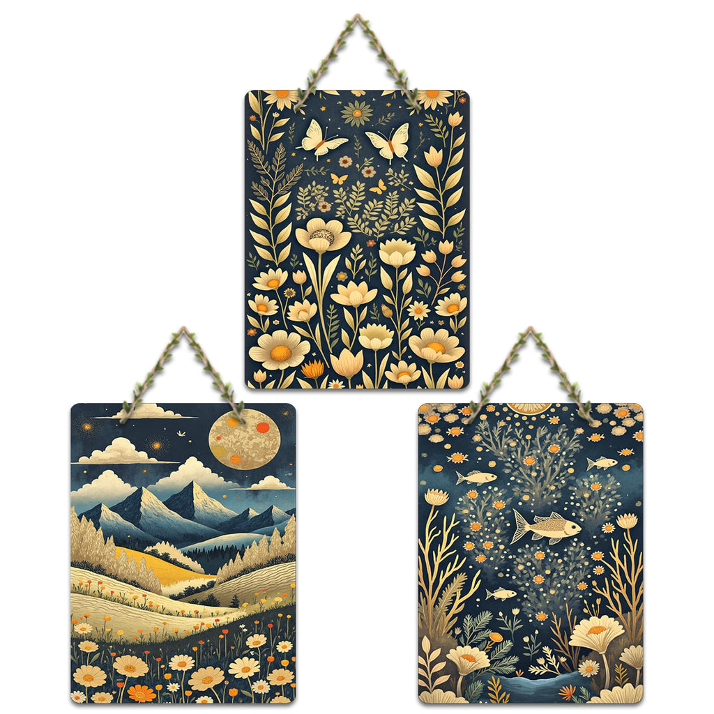 Artvibes Bloom Of Flowers & Countryside Modern Art Wooden Art Decoration Item for Living Room | Printed Wall Decoration | Sceneries | Aesthetic Wooden Decor | Unique Gift Items (WH_9659N), Set of 3