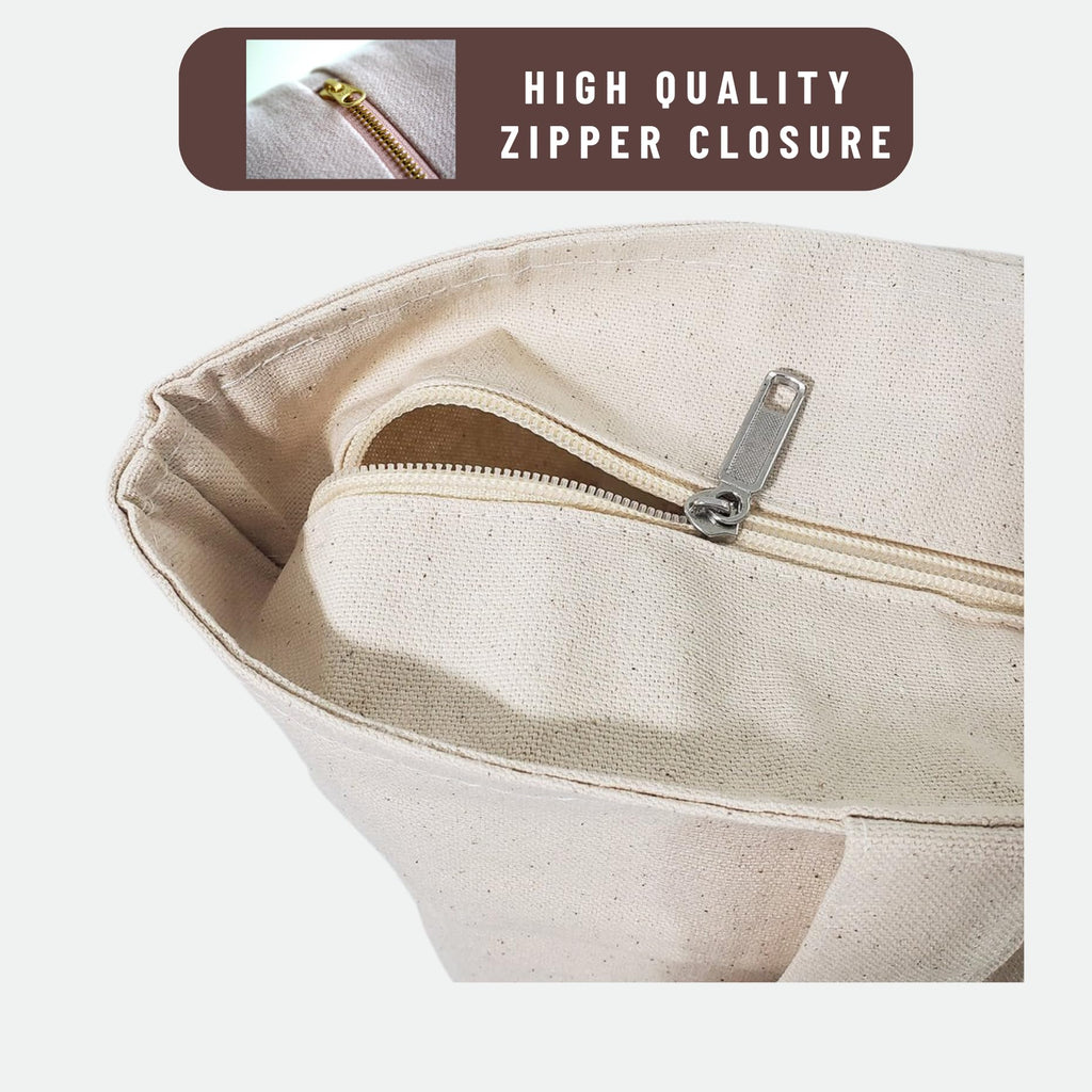 Peach Blossom Tote Bags with Zip,100% Cotton Shopping/Grocery Bag, Multi-Purpose Bag 5kgs Capacity, 2 Pack (Cbag_ZIP_WhiteBlombaby_Blacksurf)