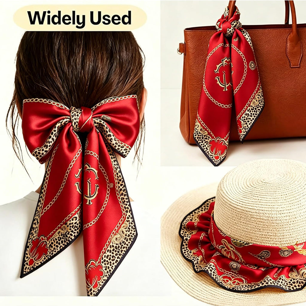 FVALIRD Silk-Like Scarf for Women Stylish - 27.56in Satin Head Scarf, Red Leopard Print Neckerchief, Hair Scarf for Women & Bag Accessory