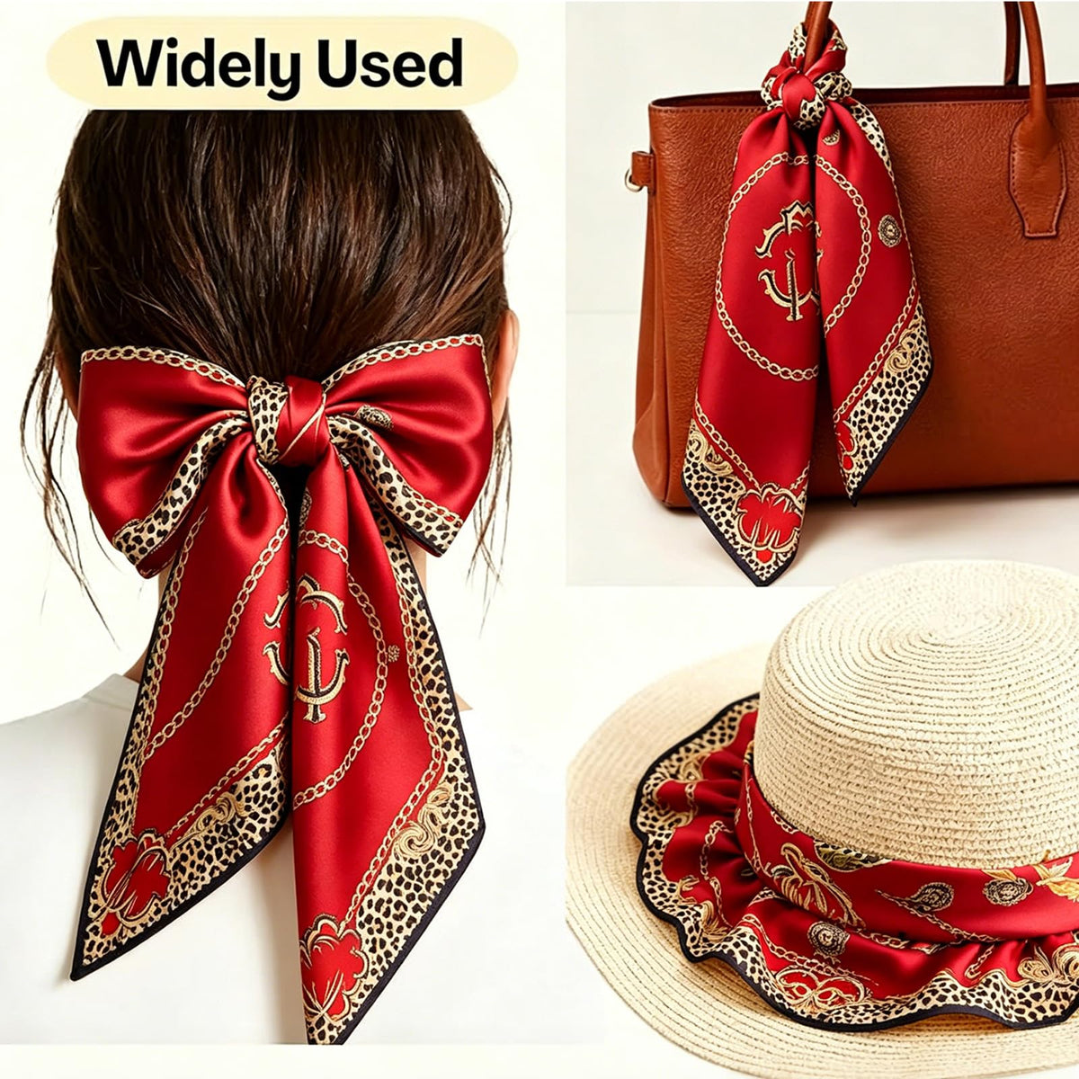 FVALIRD Silk-Like Scarf for Women Stylish - 27.56in Satin Head Scarf, Red Leopard Print Neckerchief, Hair Scarf for Women & Bag Accessory