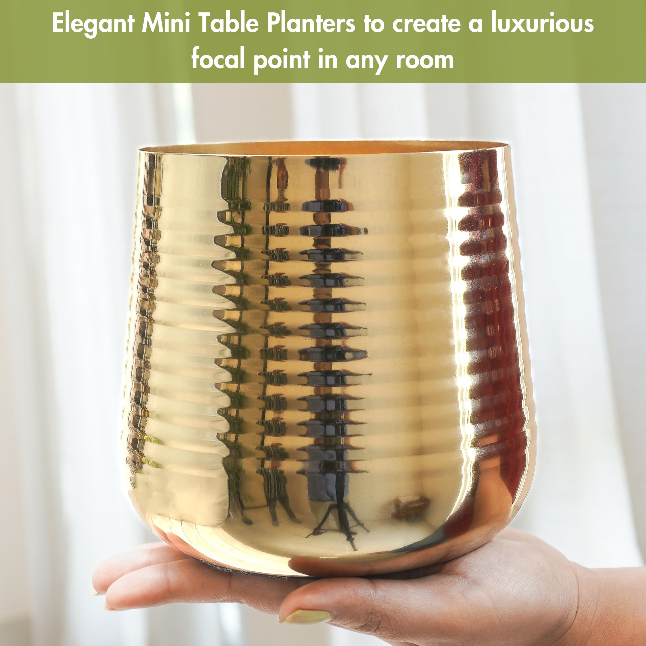 BEHOMA Metal Ribbed Design Planter for Home, Golden