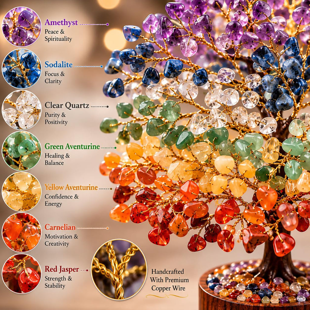 Mr. Stone Creations 300 Beads 7 Chakra Crystal Tree, Natural Healing Gemstone Money Tree, Handmade Feng Shui Bonsai Showpiece for Home, Office, Living Room Decor & Good Luck