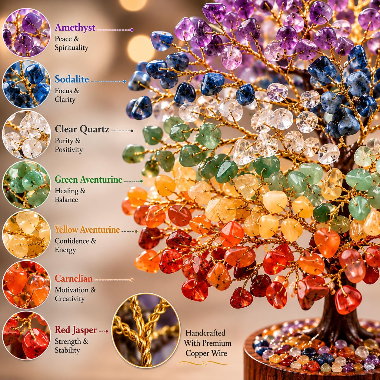 Mr. Stone Creations 300 Beads 7 Chakra Crystal Tree, Natural Healing Gemstone Money Tree, Handmade Feng Shui Bonsai Showpiece for Home, Office, Living Room Decor & Good Luck