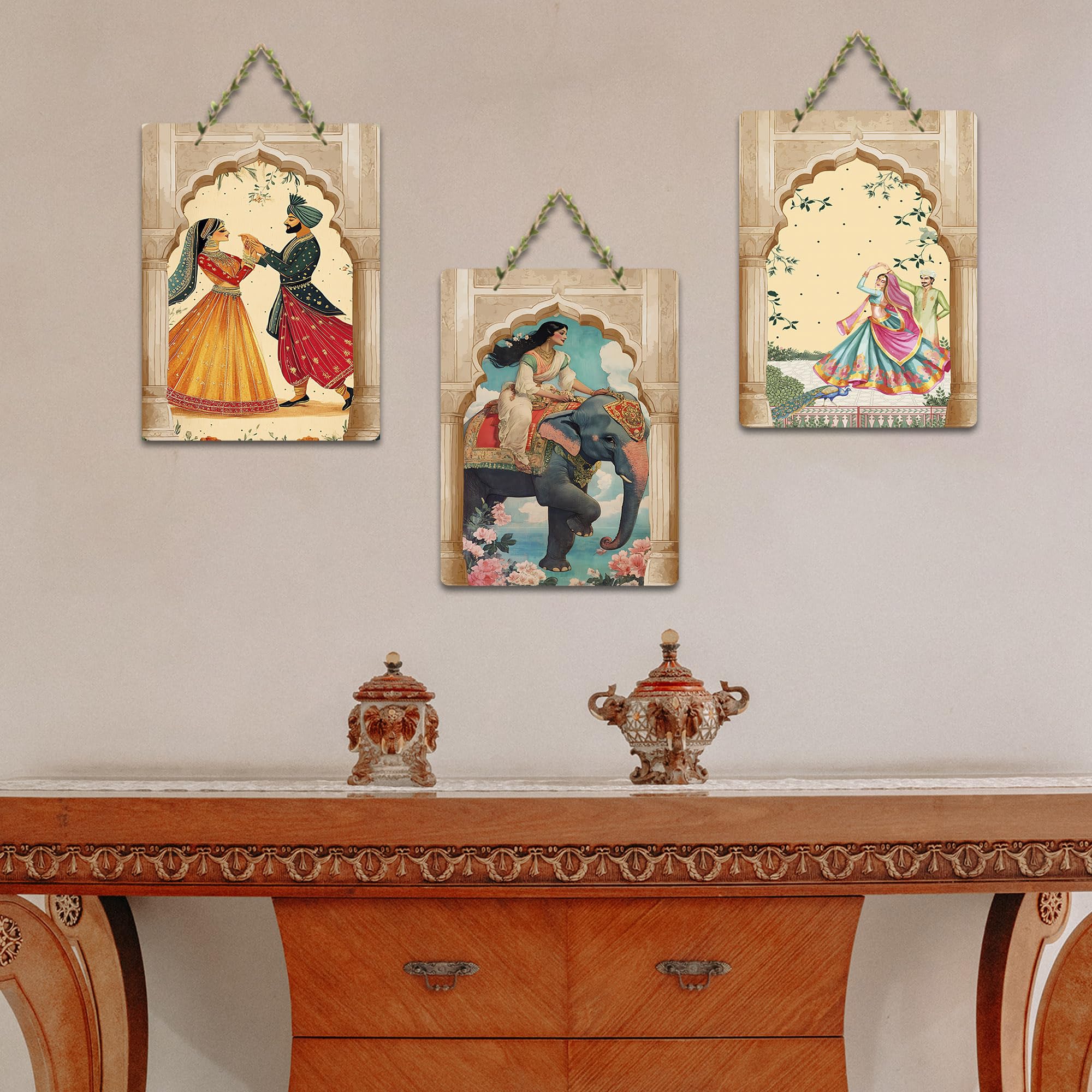 Artvibes Indian Culture Artwork Decorative Wall Art MDF Wooden Wall Hanger for Home | Printed Wall Decoration | Graphic Artwork | Aesthetic Wooden Decor | Sceneries | Ideal Gifts (WH_96125N), Set of 3