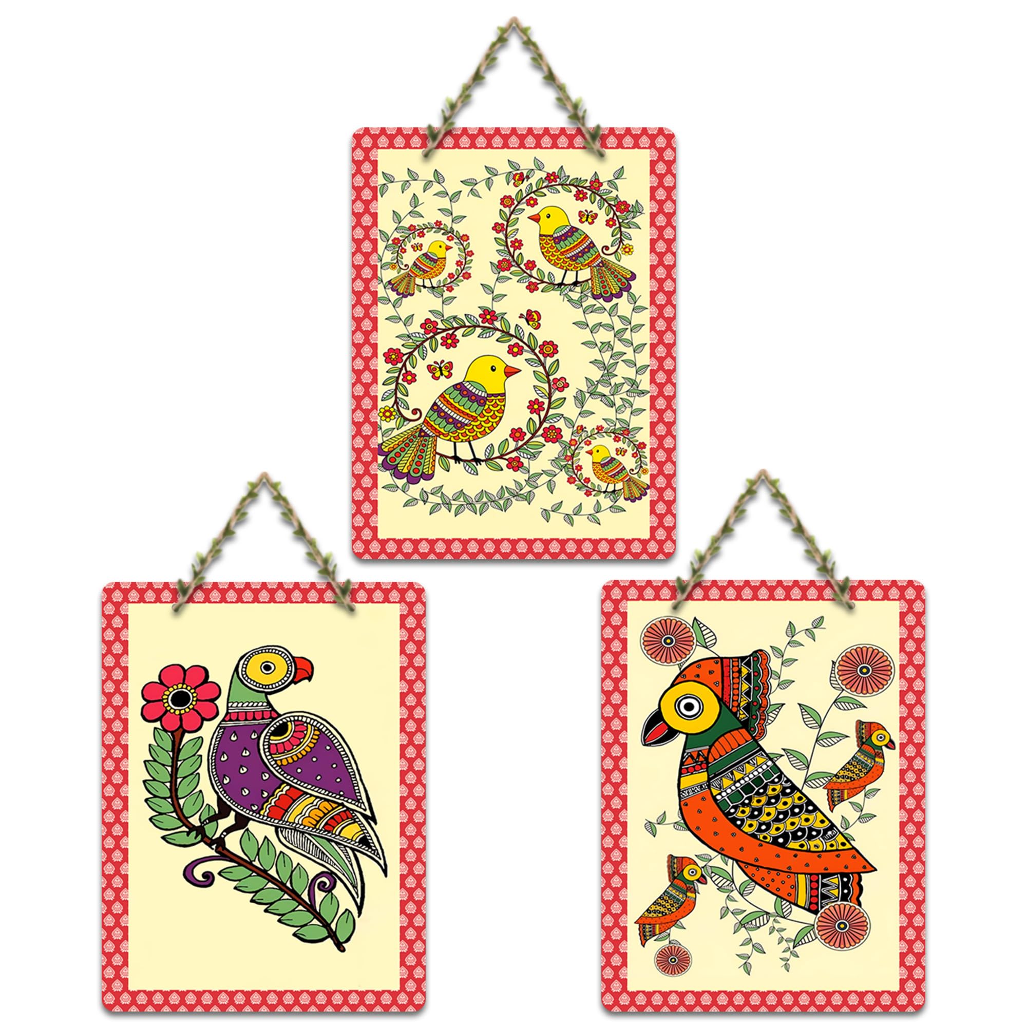 Artvibes Birds on Branch Madhubani Art Wooden Art Decoration Item for Home | Garden Balcony| Stylish Modern Decoration Item | Festive Decor | Wall Illustrations | Gift Items (WH_96179N), Set of 3