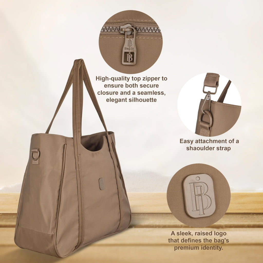 Women’s Tote Bag with Zipper & Adjustable Shoulder Strap – Lightweight Large Handbag for Work, Travel & Daily Use (BROWN)