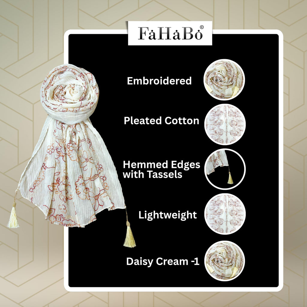 FAHABO Scarf Woman Pleated Cotton Scarves with Embroidery and Tassels | Hijab Scarf | Headscarf | Neck Scarf | Stoles | Wraps (Daisy Cream -1)