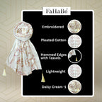 FAHABO Scarf Woman Pleated Cotton Scarves with Embroidery and Tassels | Hijab Scarf | Headscarf | Neck Scarf | Stoles | Wraps (Daisy Cream -1)