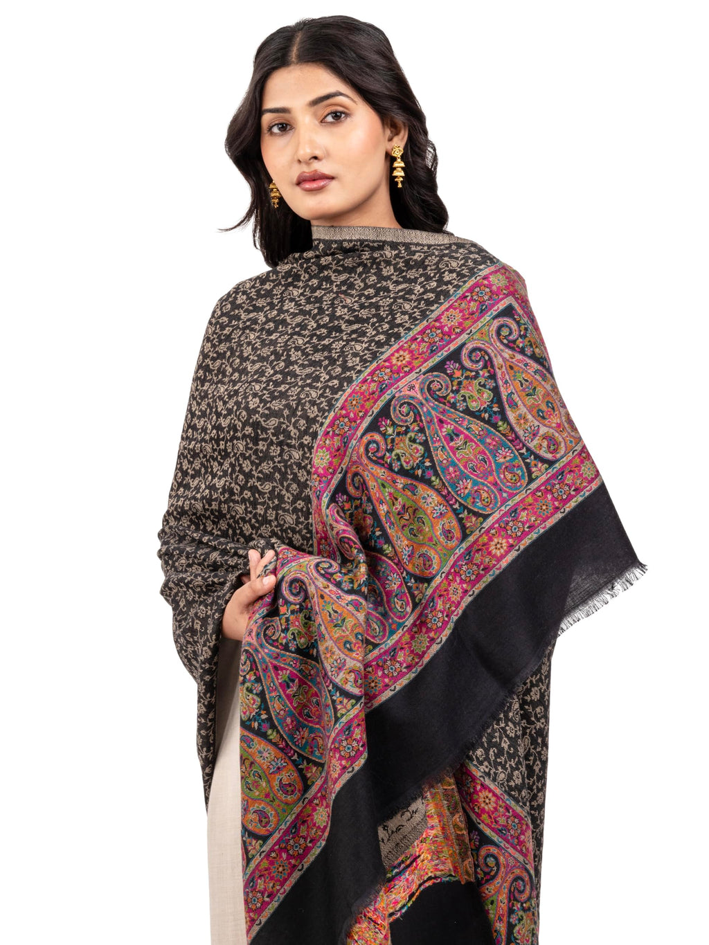 Naureen Women Pashmina Blend Kani Shawl with Paisley and Floral Border, Warm and Soft, 40x80 inch
