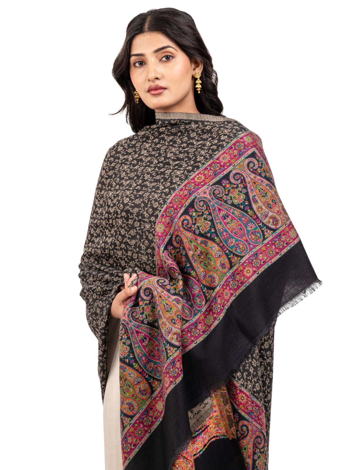 Naureen Women Pashmina Blend Kani Shawl with Paisley and Floral Border, Warm and Soft, 40x80 inch