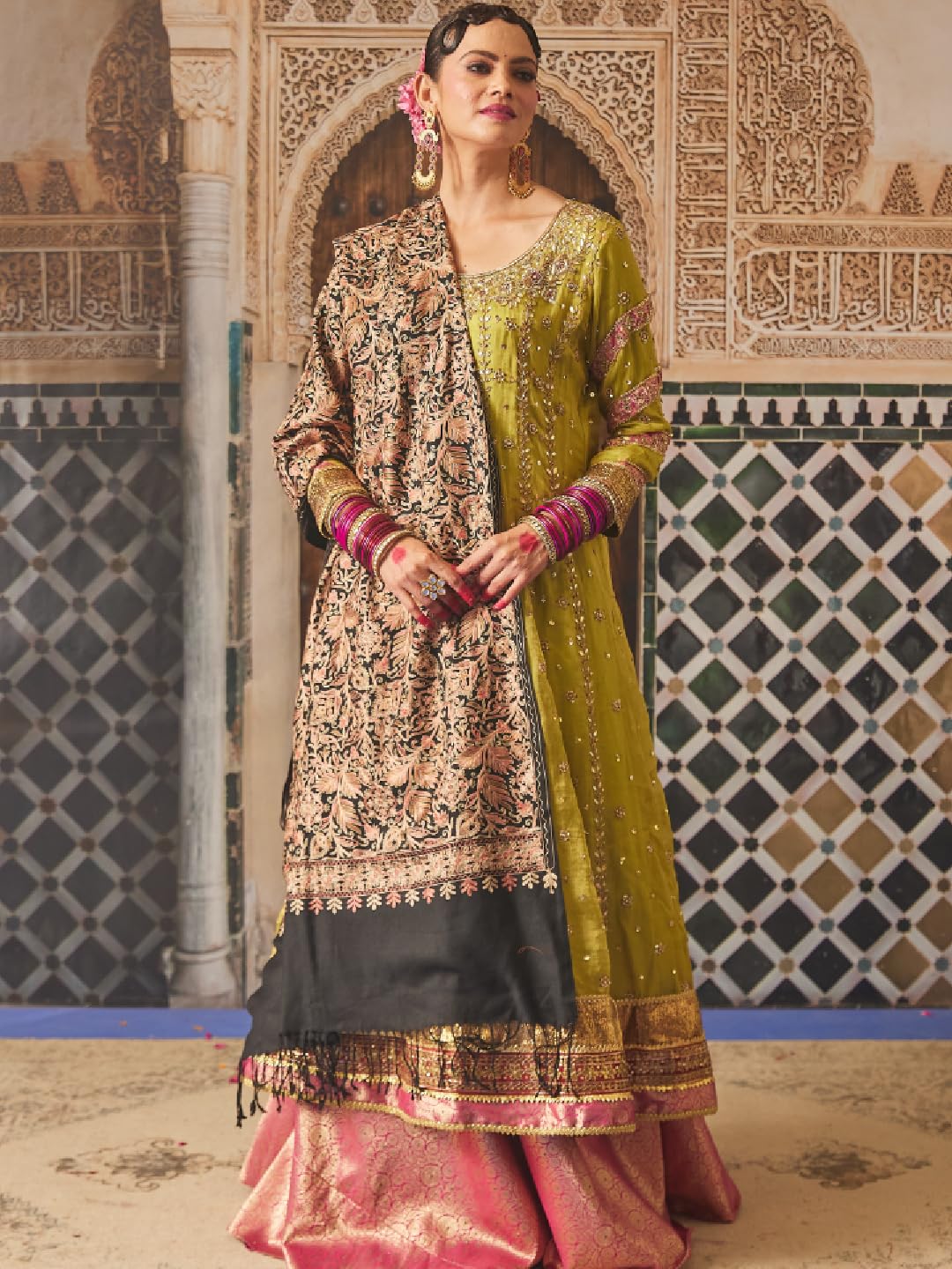 Pashmoda Women Aangan Wool Blend Nalki Embroidered Stole, Shawl and Wrap, Luxury Pashmina Evening Wrap (Size: 71X203 CM)