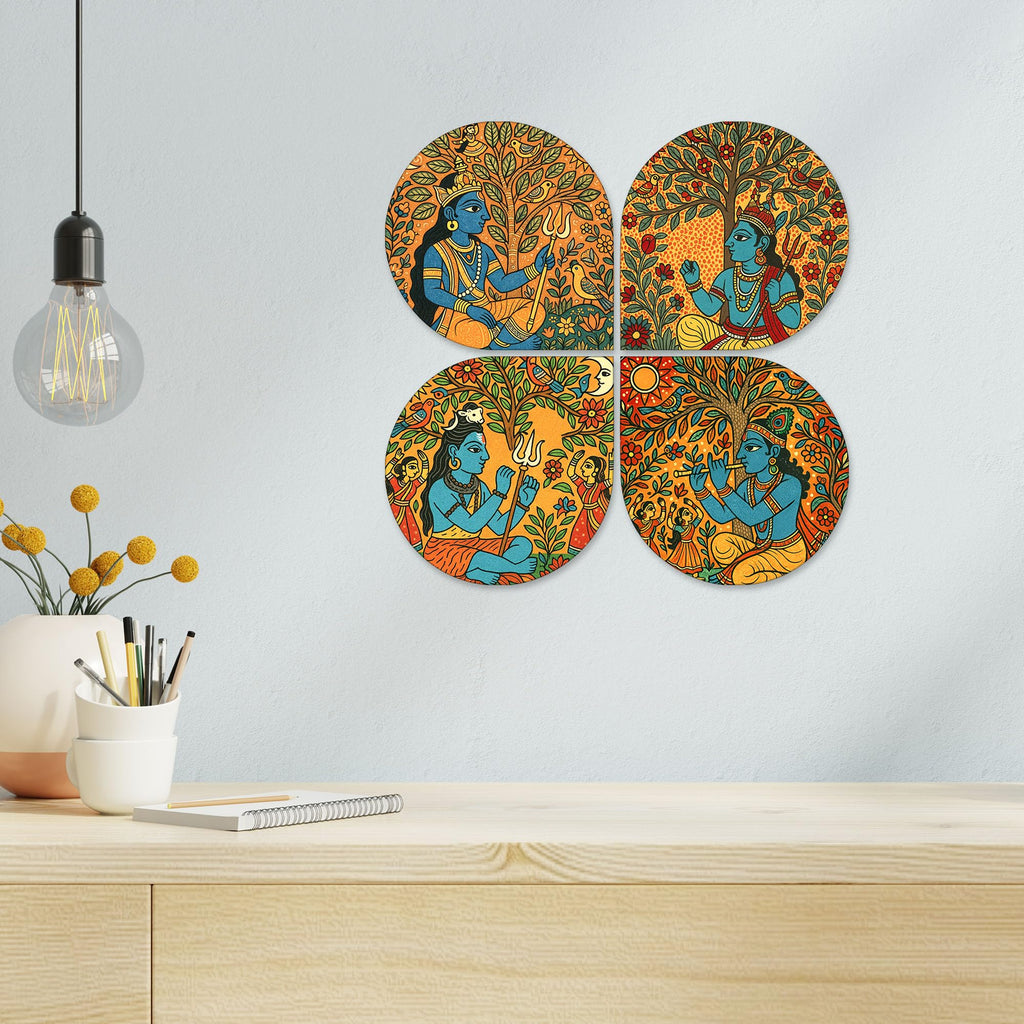 Artvibes Indian God Madhubani Art Decorative Wall Art MDF Wooden Wall Hanger for Home | Living Room | Scenery For Drawing Room | Wall Poster | Artworks Hangings | Unique Gift (WH_8450N), Set of 4