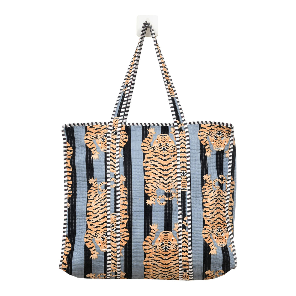 MITTICO Quilted Cotton Tote Bag for Women – Handmade Large Shoulder Handbag with Zipper & Multiple Pockets | Lightweight Travel Tote for Office, Shopping & Daily Use | Black Stripe Tiger Print