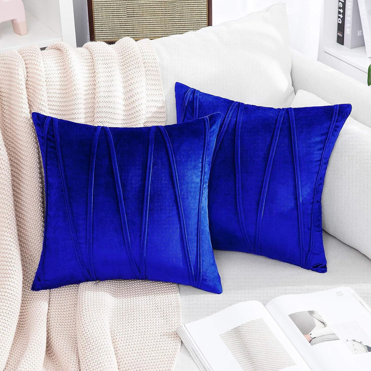 Khooti Velvet Striped Cushion Cover Pack of 1-22X22/56X56 Cm | Royal Blue | Soft Pillow Covers Cushion Case for Sofa Bedroom Living Room Chair Car, Cushion Cover with Zig Zag Pattern