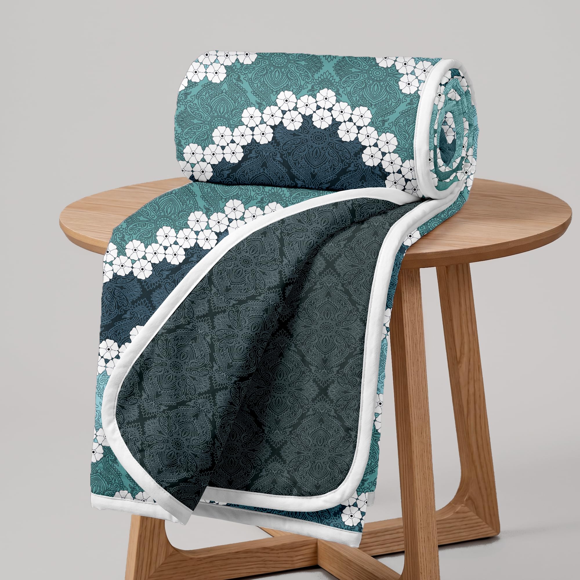 Divine Casa Single Bed Microfiber Dohar 120 GSM |Floral Printed Lightweight Blanket | Aqua Green & White | 210 x 140 cm Kafalo