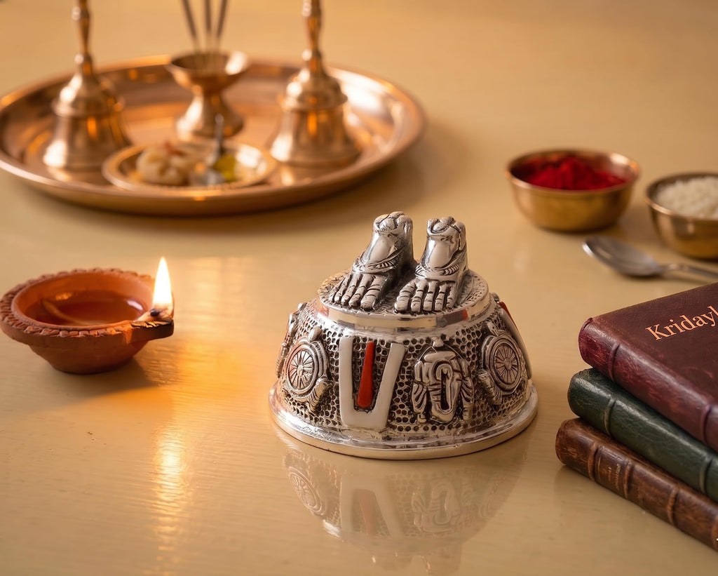 KridayKraft Lord Venkateswara Swami Tirupati Balaji Vishnu Charan Paduka with Shank chakar Tilak Namah for Pooja Room/Car Dashboard | Feet with Shanku & Chakra Namami Showpiece Figurines.