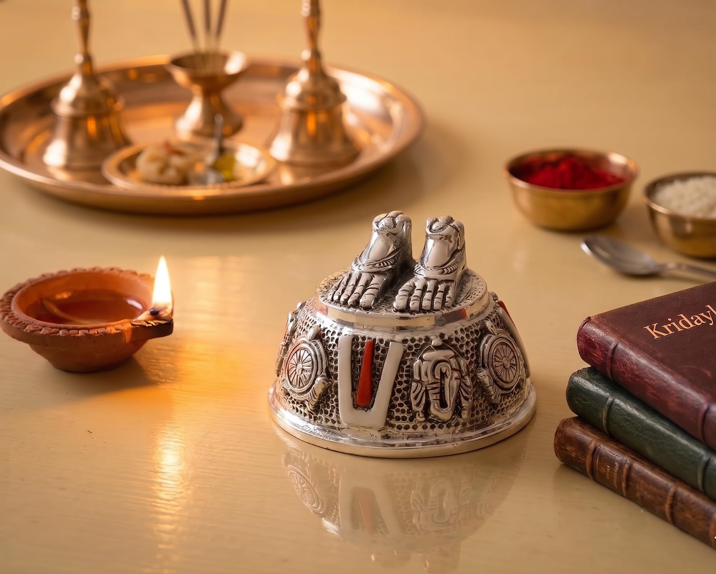 KridayKraft Lord Venkateswara Swami Tirupati Balaji Vishnu Charan Paduka with Shank chakar Tilak Namah for Pooja Room/Car Dashboard | Feet with Shanku & Chakra Namami Showpiece Figurines.