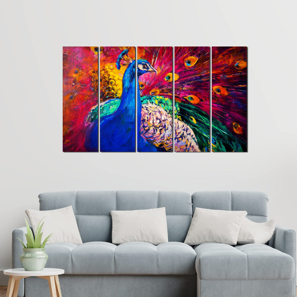 VIBECRAFTS Beautiful Peacock 5 Pieces Canvas Wall Painting For Home | Office | Living Room | Gift (PTVC5Pcs4_8517)