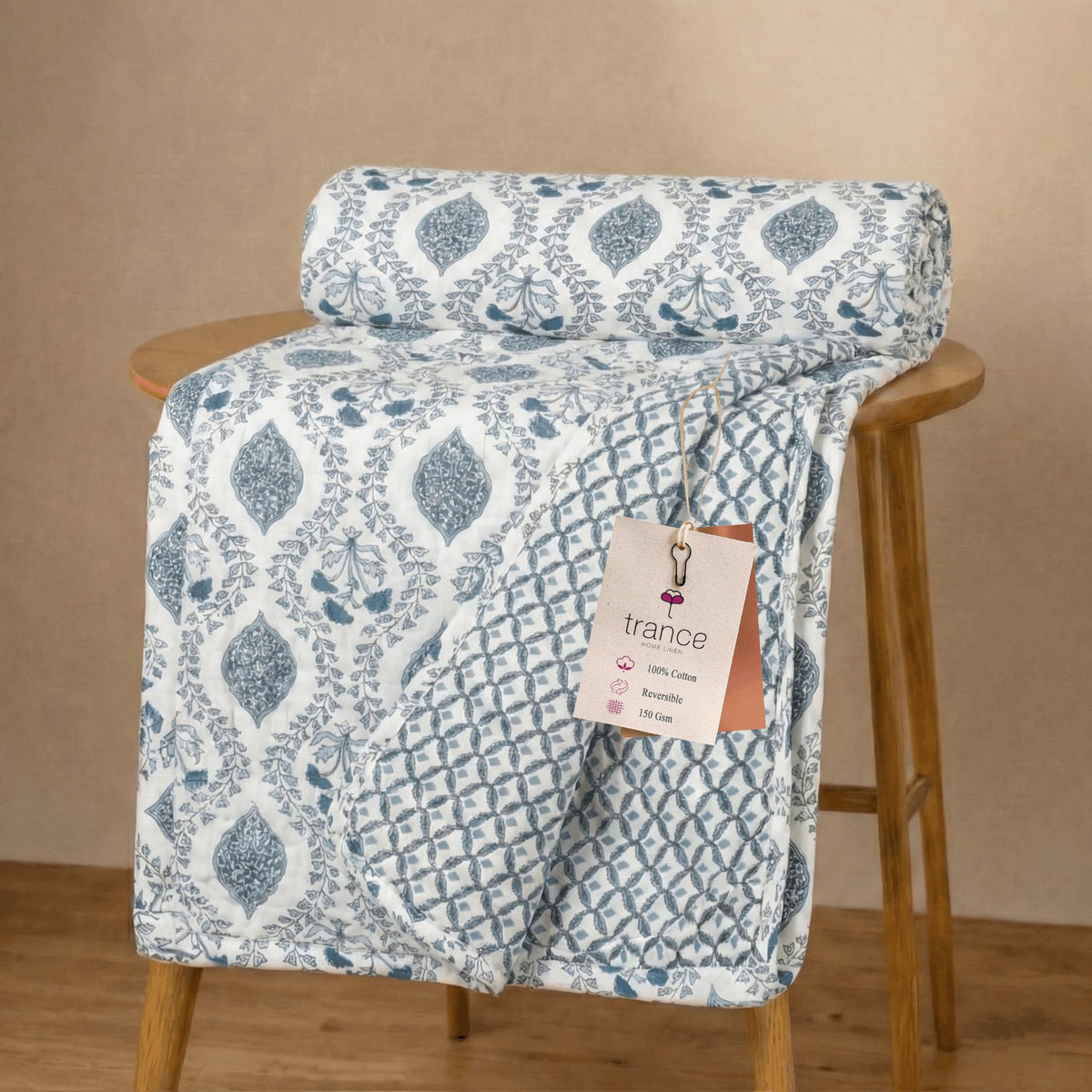 Trance Home Linen Premium 100% Cotton Dohar for Double Bed | 150 GSM | Reversible Ac Comforter | Light Weight All Season Soft Blanket (84x88 Inches | Jaal Blue) Kafalo