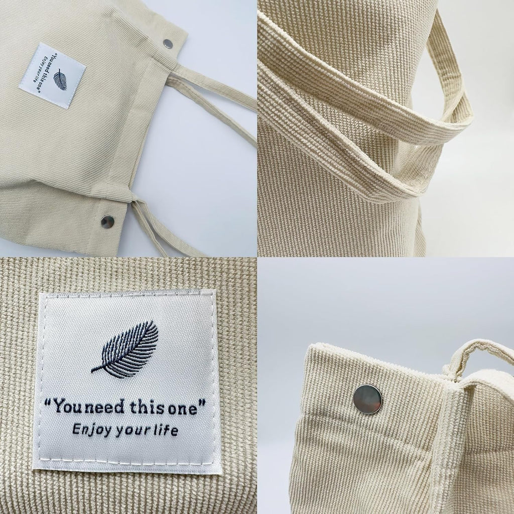 Street27 Womens Korean Canvas Corduroy Tote Bag Casual Work Shoulder Handbags|Multi-Purpose Bag |Sturdy Canvas Bag With Large Capacity|Shopping Bag For Office, College & Daily Use (Beige)