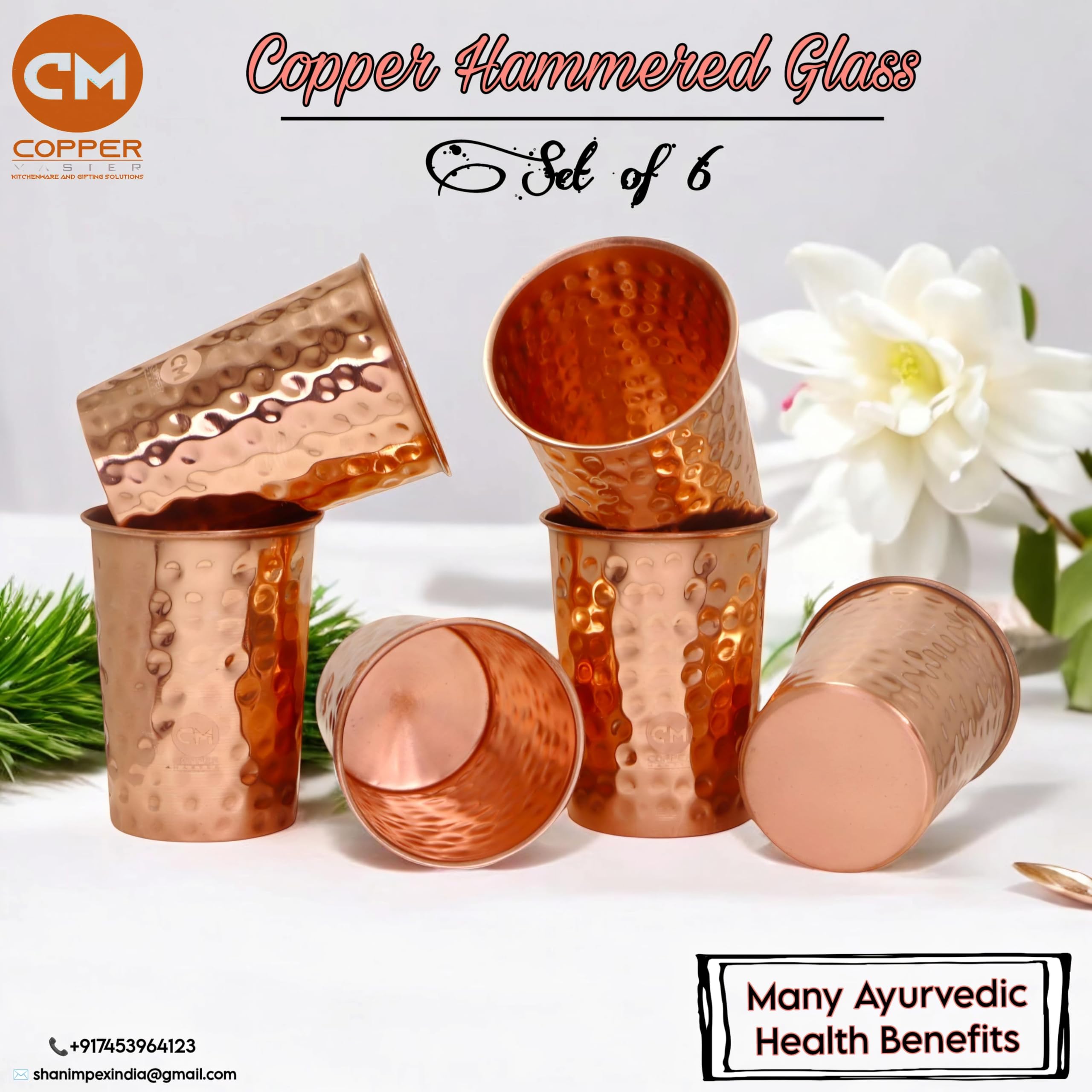 Copper Master 11 Litre Hammered Copper Water Dispenser (Matka) Container Pot with 6 Pure Copper Glasses with Pure Copper and Ayurvedic Health Benefits (11000 ml + 1800 ml)