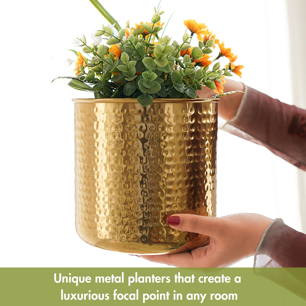 BEHOMA Hammered Metal Indoor Planter for Table, Gold - Pack of 2